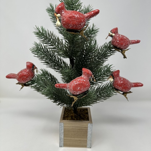 Vintage Christmas Clip On Cardinal Bird Ornaments Set of 5 Glitter Holiday Red - Picture 1 of 12